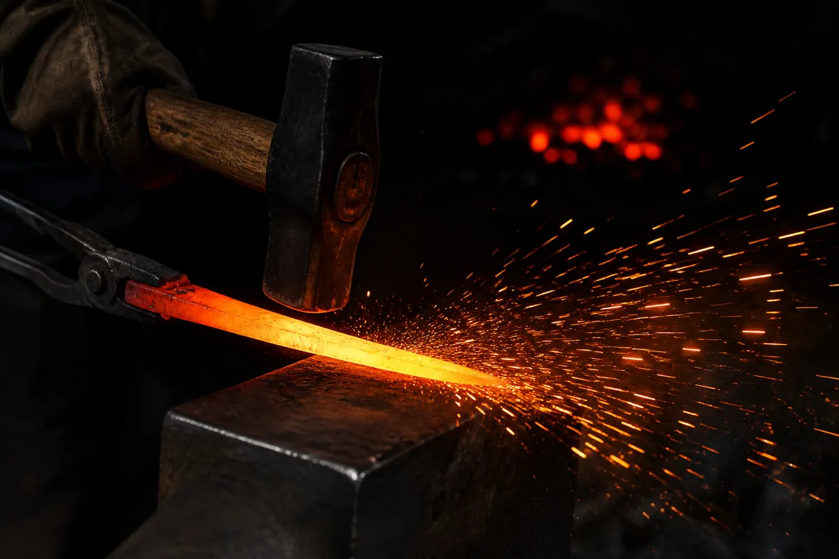 Forge japonaise traditionnelle : lame de sabre en acier tamahagane martelée au marteau sur l&rsquo;enclume