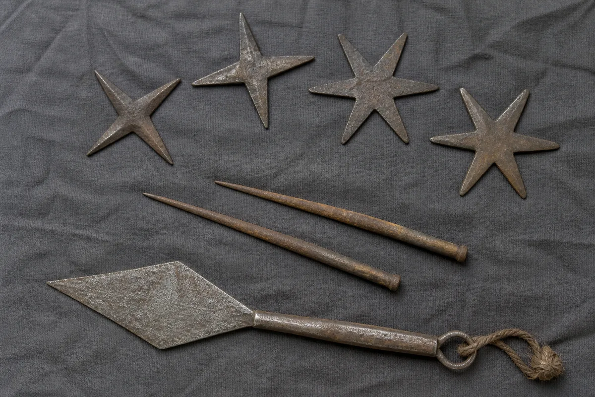 Kunai et shuriken anciens en fer forgé posés sur un tissu sombre, pointes et étoiles à plusieurs branches