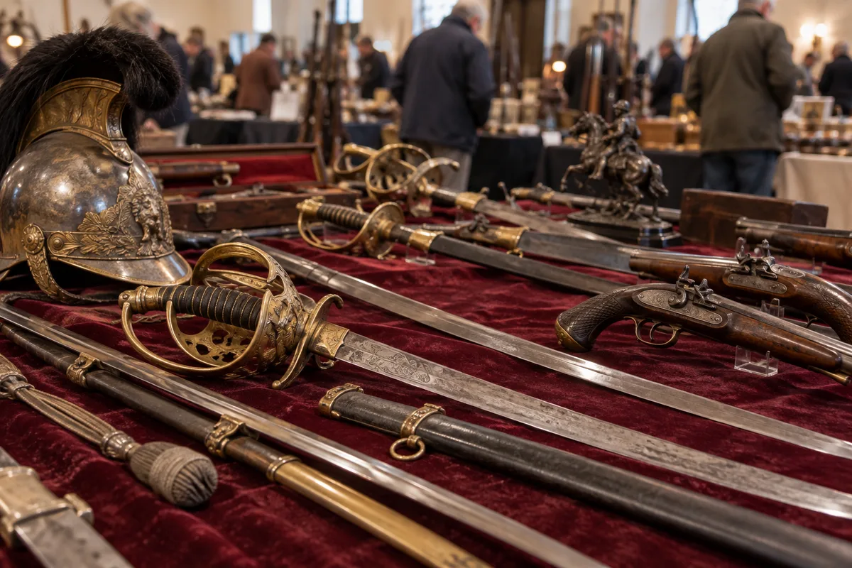 Étal d’armes anciennes et de sabres sur un drap de velours dans une bourse aux armes