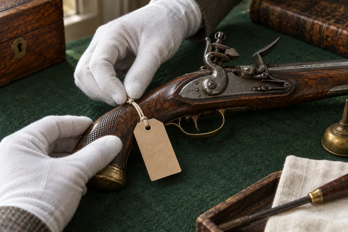 Mains gantées attachant une étiquette kraft vierge à un pistolet à silex ancien