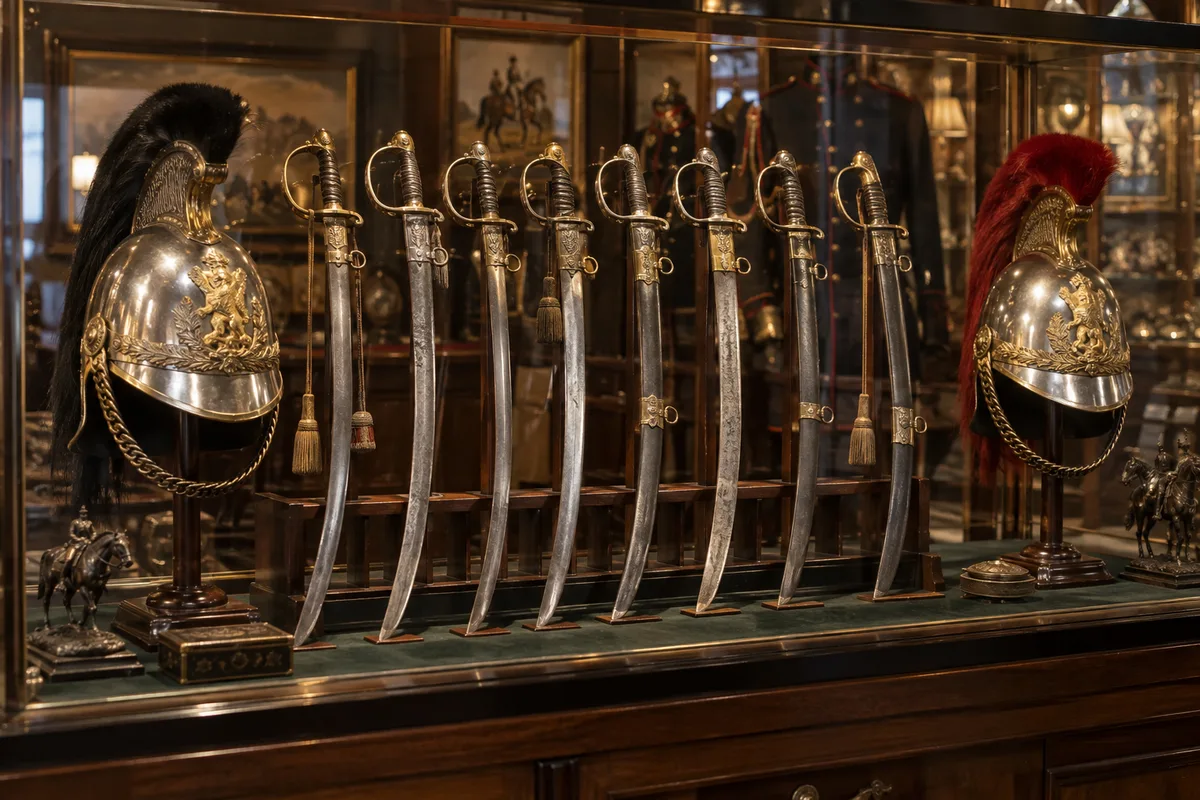 Vitrine de boutique d’antiquités militaires avec des sabres alignés