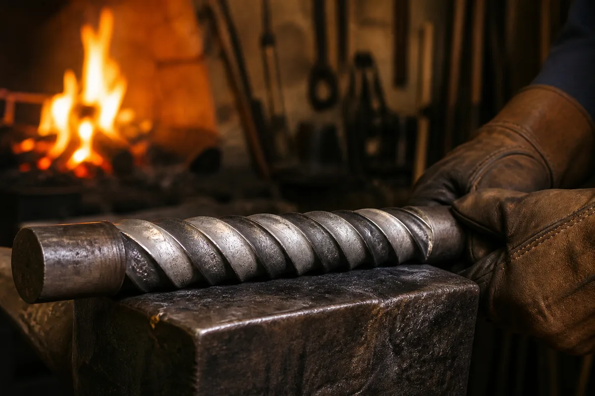 Ruban de fer et d’acier torsadé enroulé sur un mandrin d’arquebusier, atelier de forge ancien
