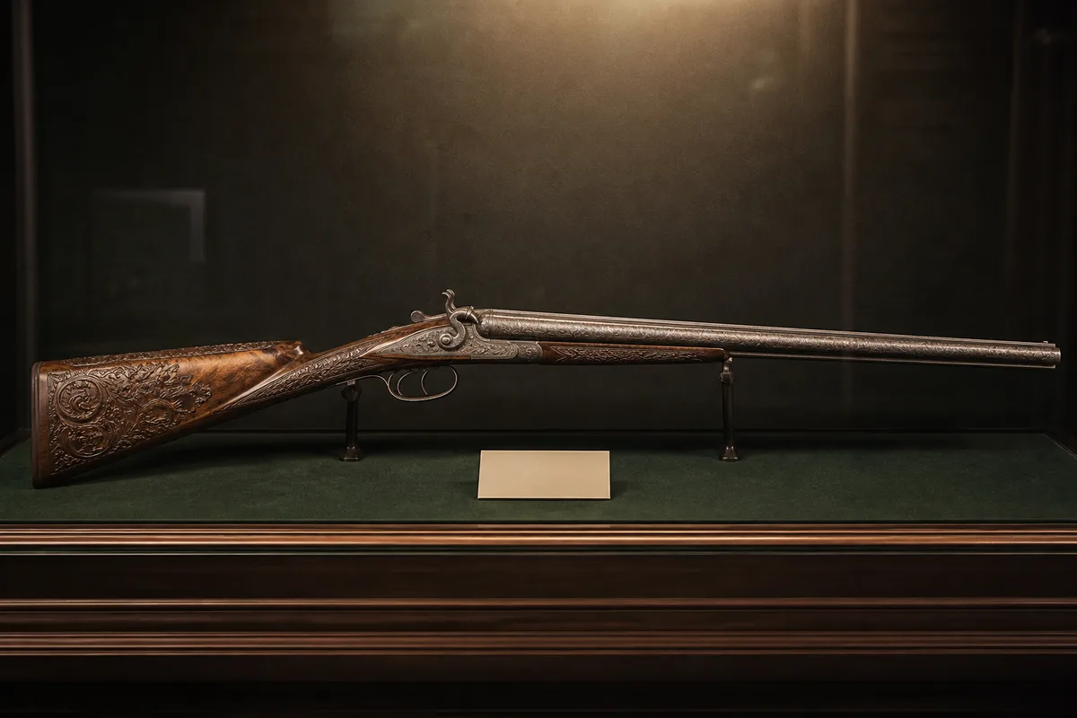 Fusil juxtaposé à canons damassés présenté horizontalement dans une vitrine de collection
