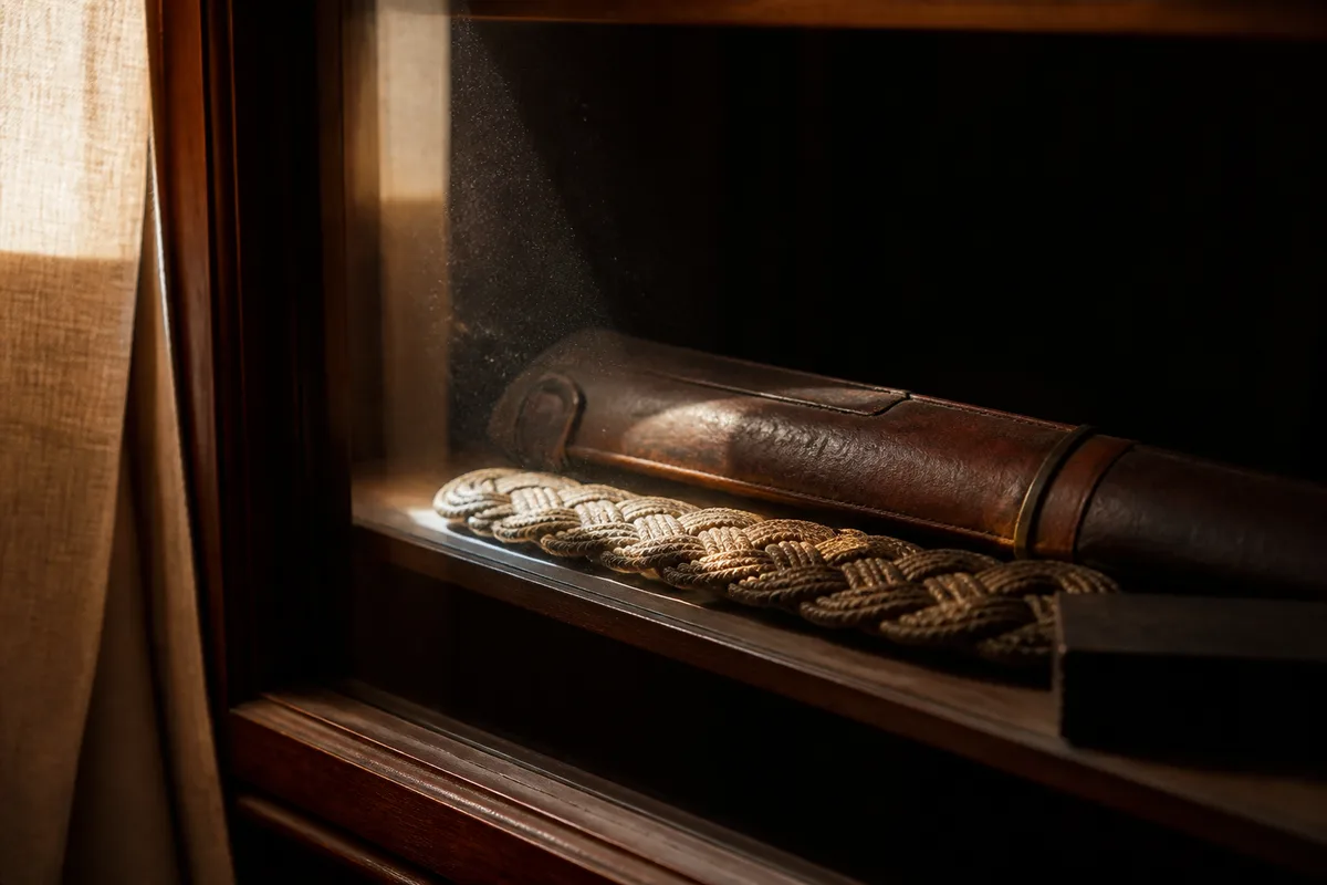 Rai de lumière du jour tombant sur une étagère de vitrine où reposent un fourreau de cuir et un galon d&rsquo;uniforme