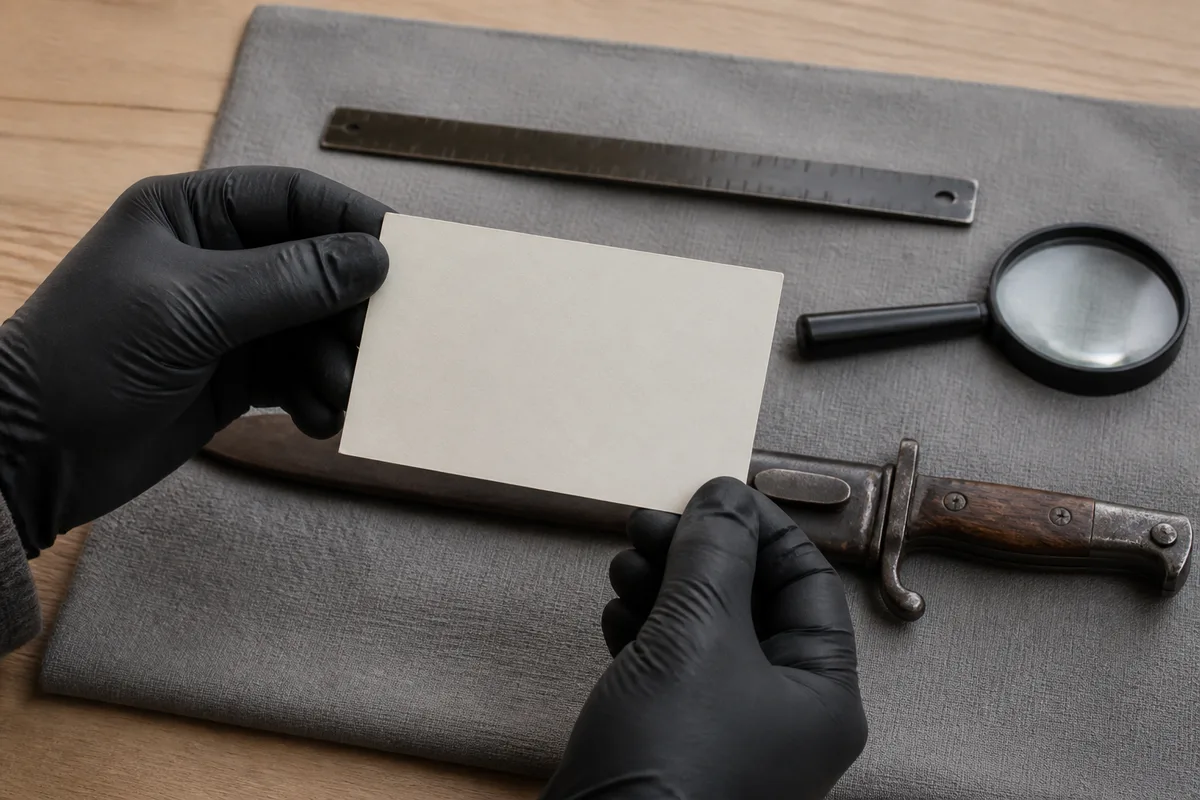 Mains gantées tenant une fiche d&rsquo;inventaire au-dessus d&rsquo;une table où reposent une loupe et une baïonnette ancienne