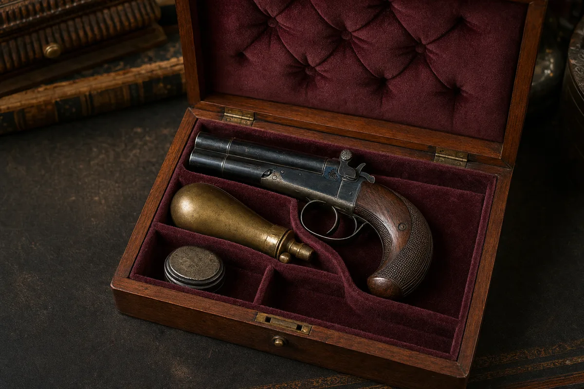 Derringer ancien à deux canons superposés présenté dans un écrin de collection capitonné de velours, accessoires de chargement autour