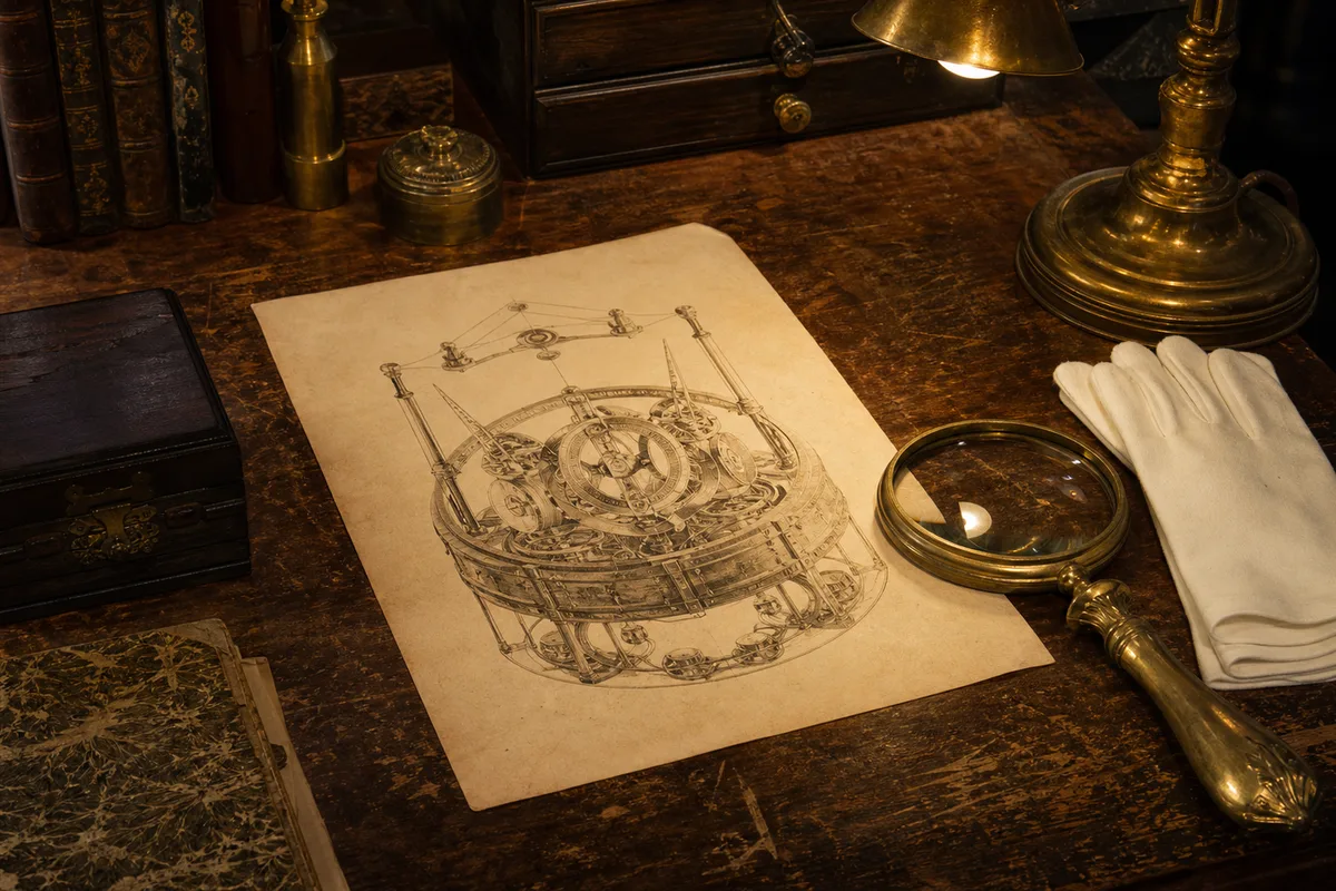 Planche de brevet ancienne et loupe de collectionneur posées sur un bureau en bois, ambiance de cabinet d&rsquo;expertise