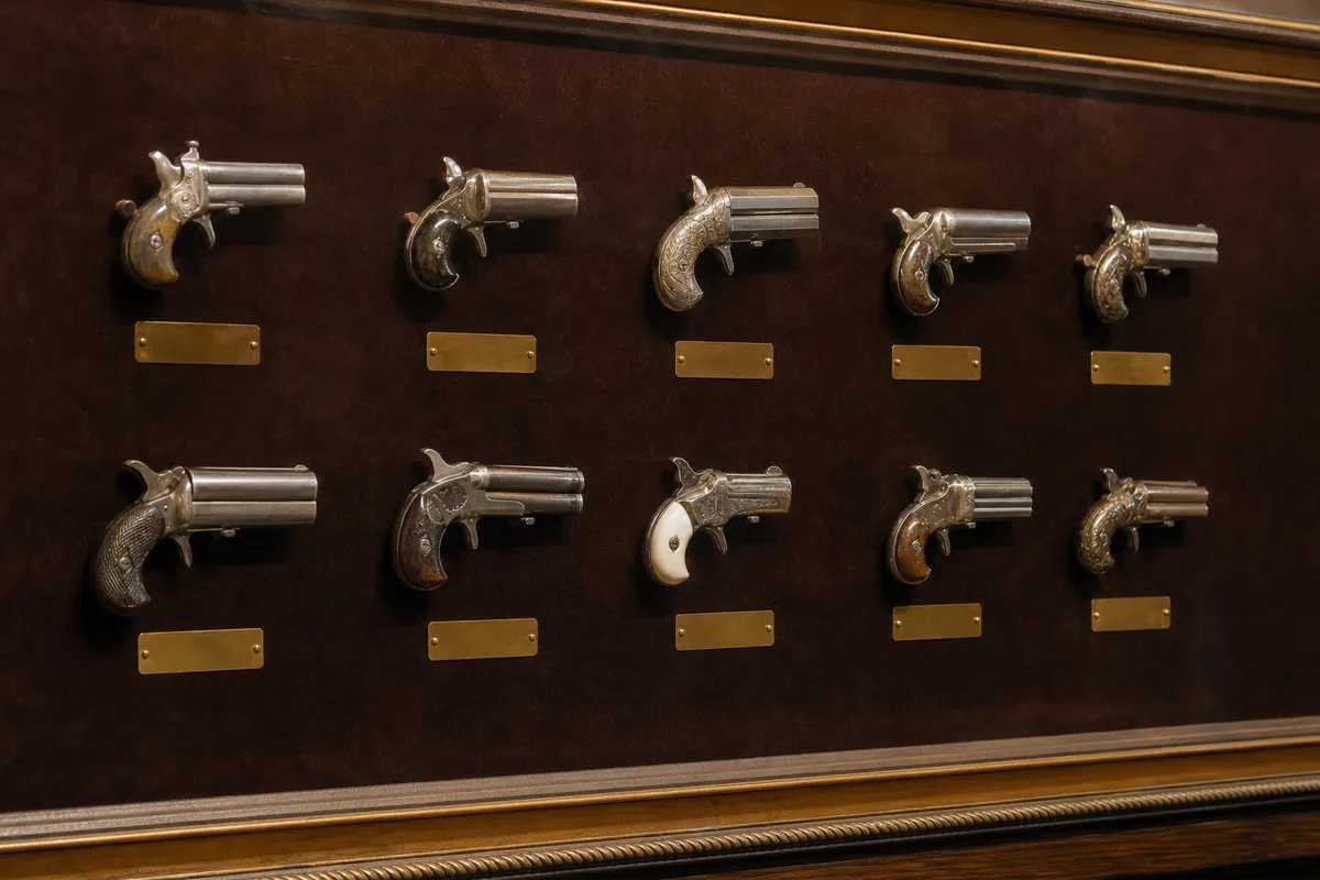 Vitrine murale de musée présentant des pistolets de poche anciens alignés sur fond de velours sombre, cartels descriptifs