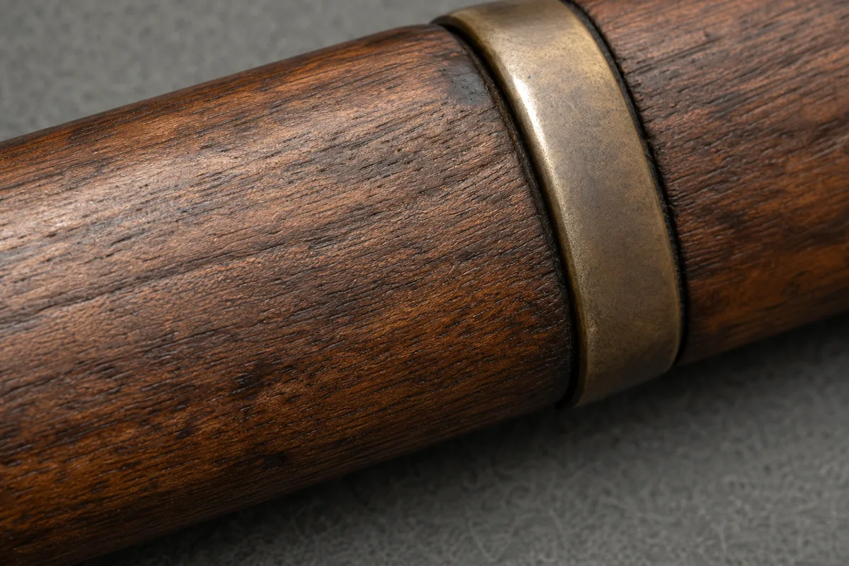 Détail du bois de noyer et de la patine du métal d&rsquo;un fusil ancien