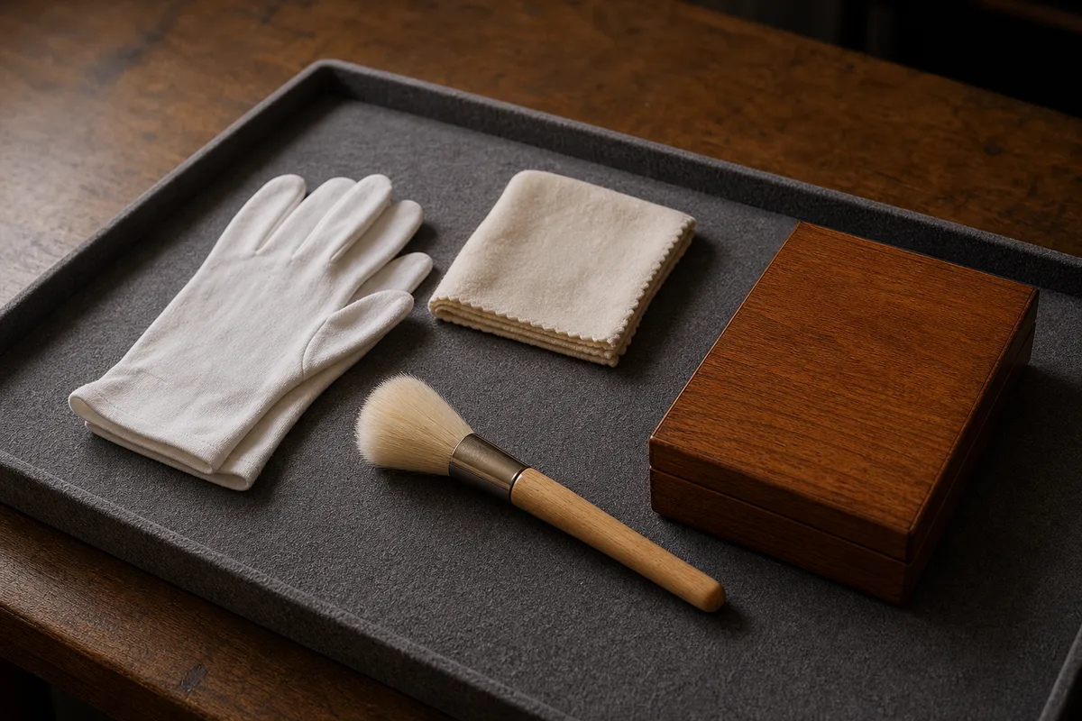 Établi d&rsquo;expertise : gants de coton, chiffon et pinceau souple, lumière rasante