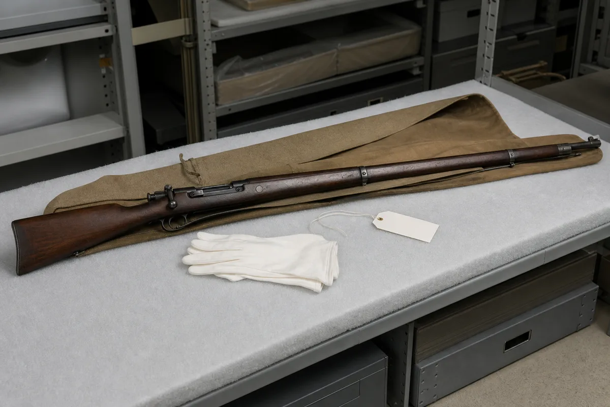 Fusil ancien rangé à plat sur une étagère de réserve muséale, gants de coton posés à côté