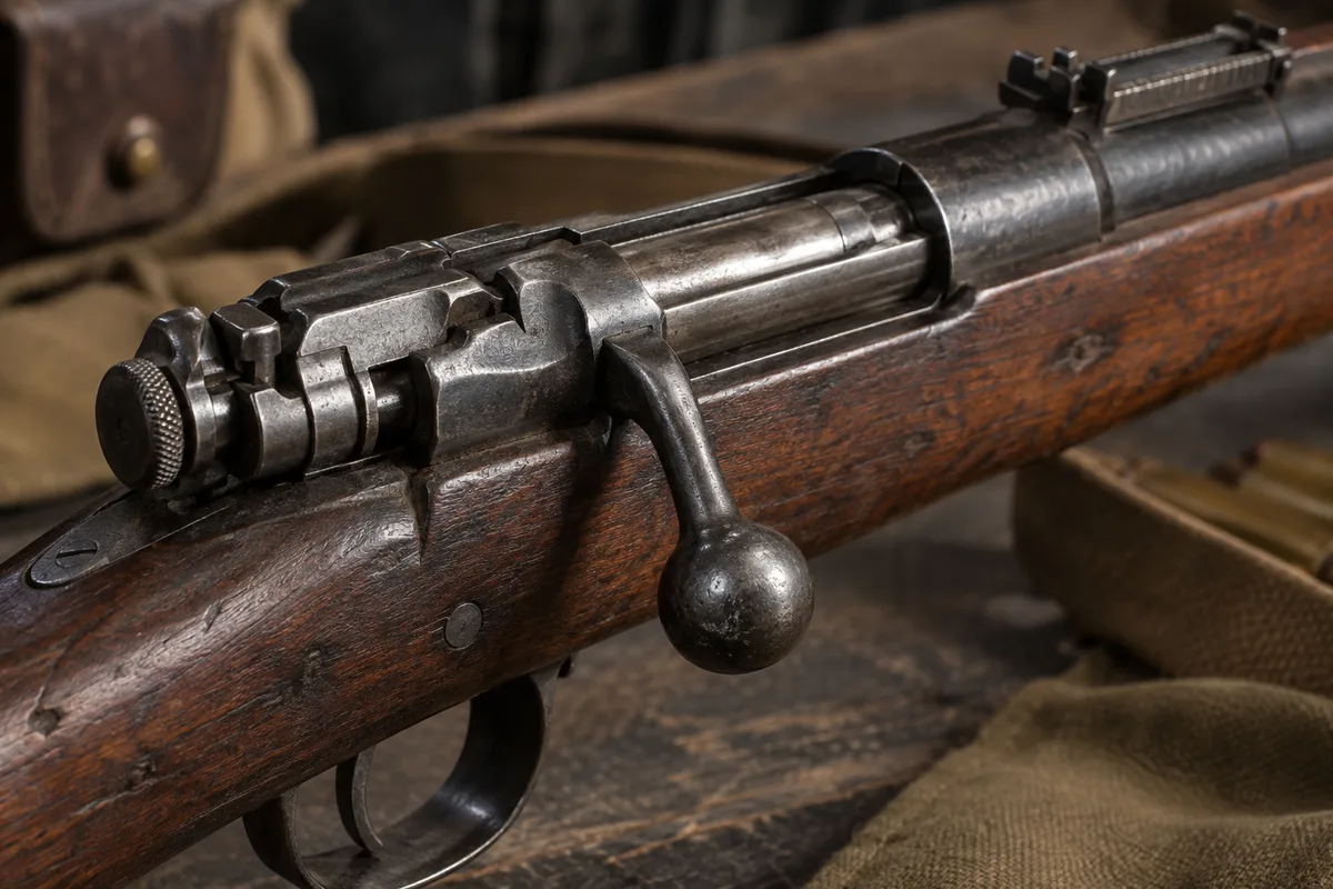 Gros plan sur le mécanisme de culasse en acier bruni d&rsquo;un fusil ancien