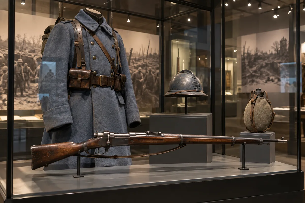 Vitrine de musée présentant un fusil d&rsquo;infanterie et un équipement de soldat de 1914-1918