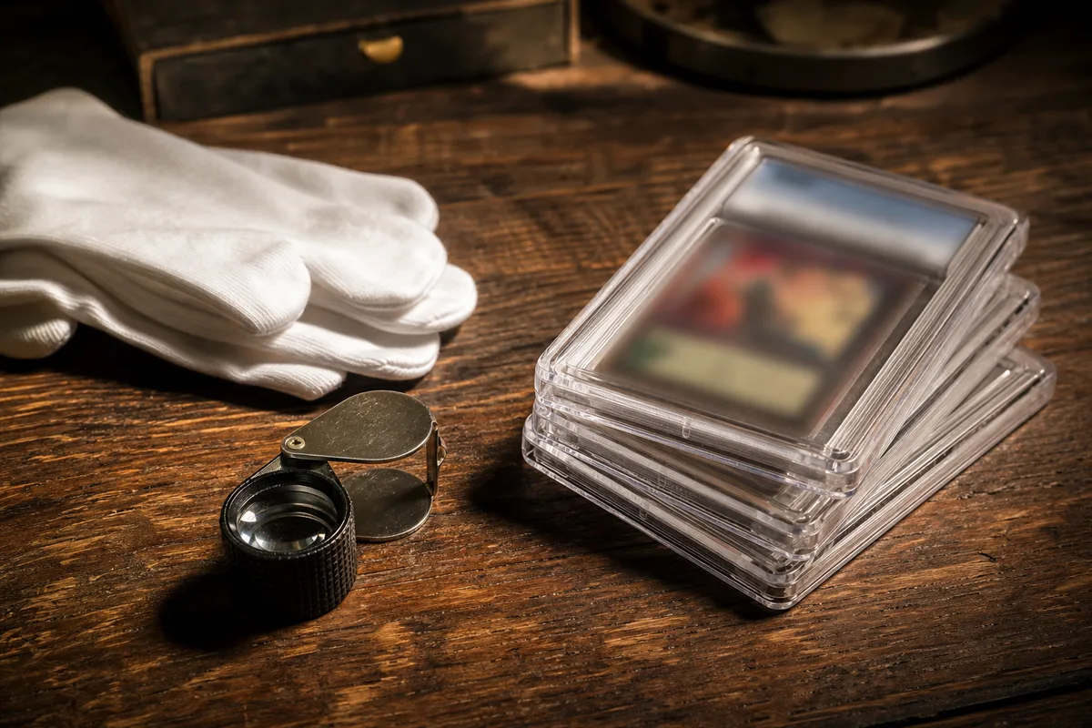 Loupe d&rsquo;expertise et gants de coton posés à côté de cartes protégées sous coques rigides, lumière rasante
