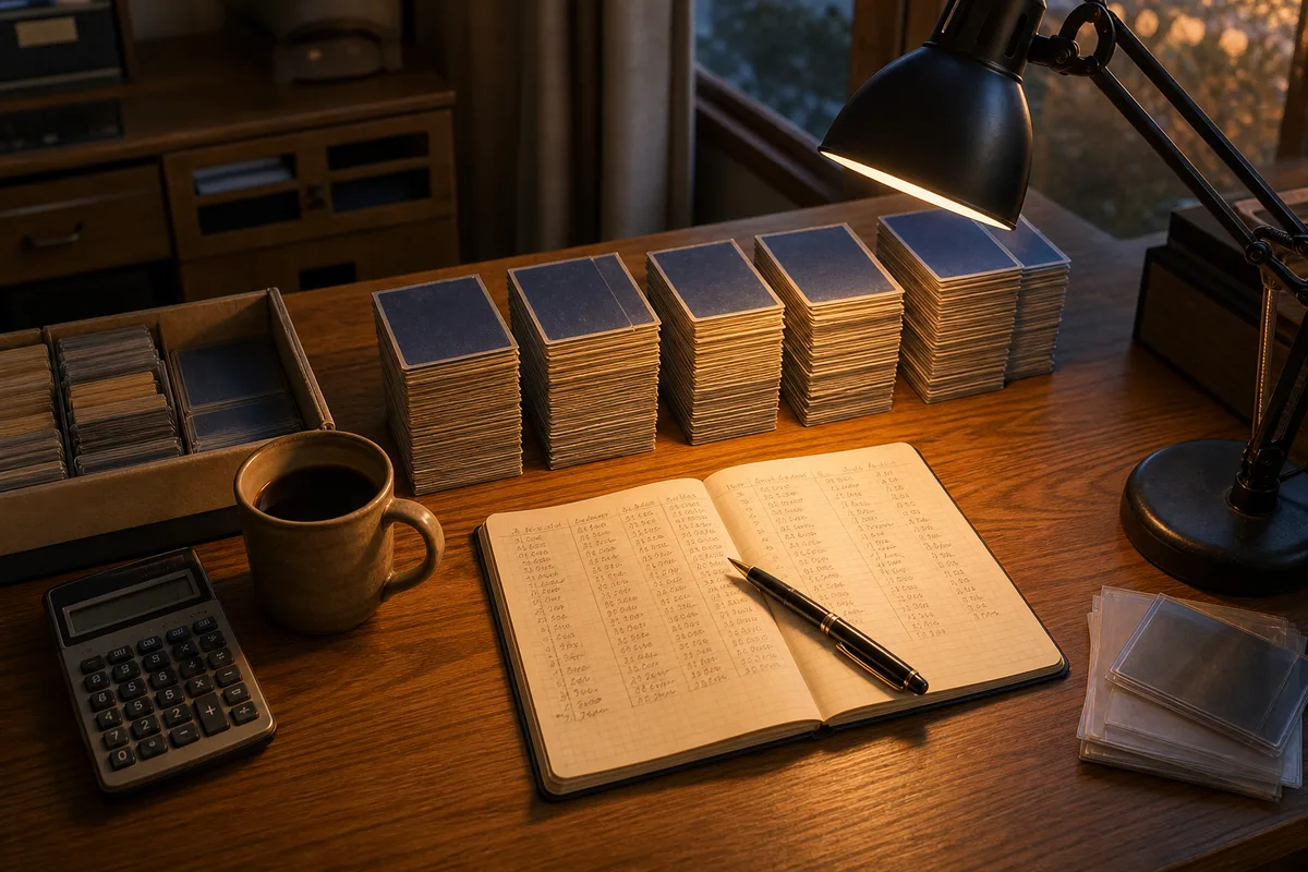 Bureau de collectionneur avec cartes triées en piles, carnet de suivi manuscrit et calculatrice