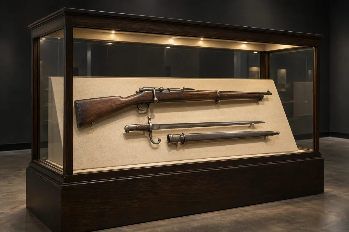 Vitrine de musée avec un mousqueton et son sabre-baïonnette