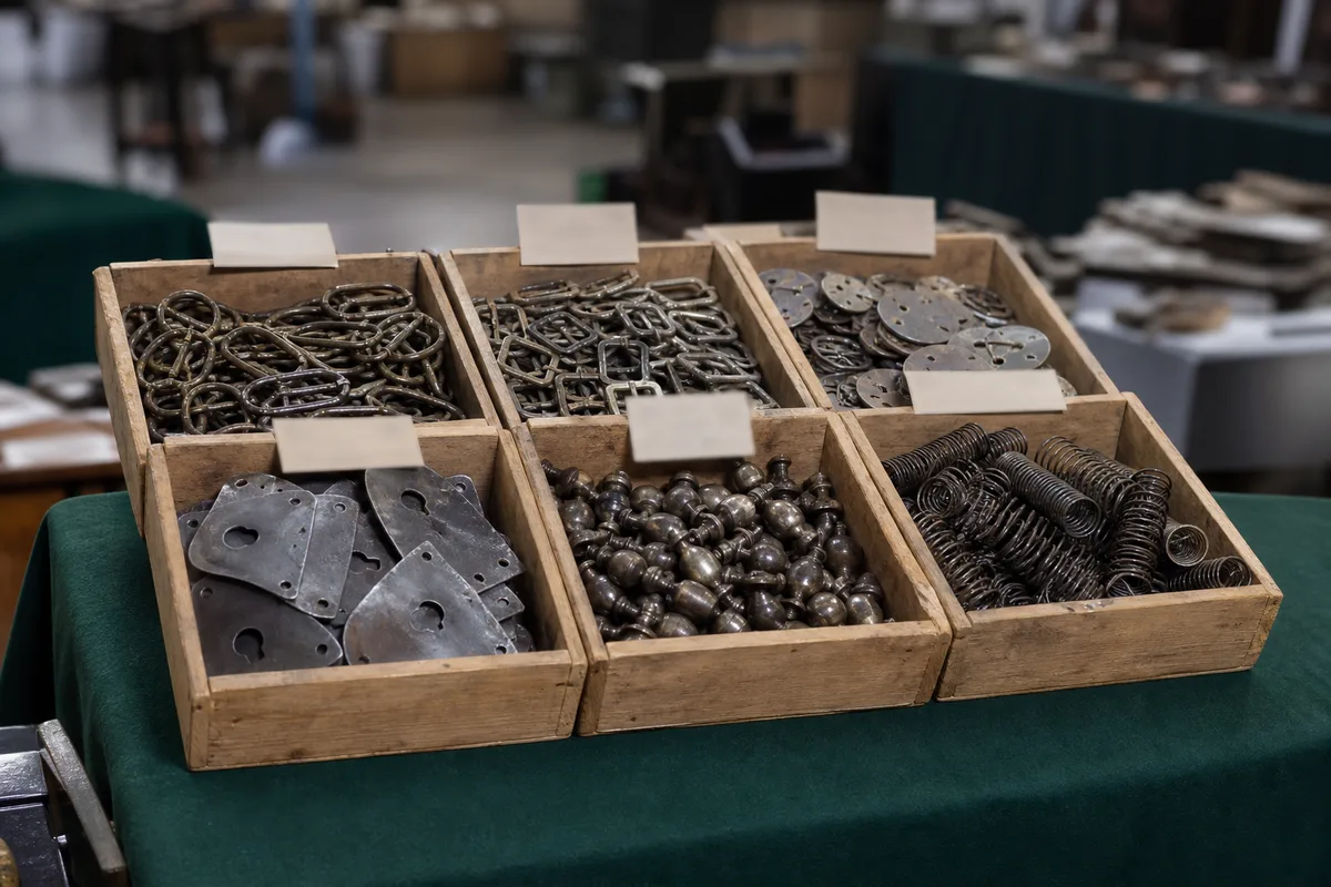 Stand de bourse aux armes : caisses de garnitures militaires anciennes étiquetées par modèle réglementaire
