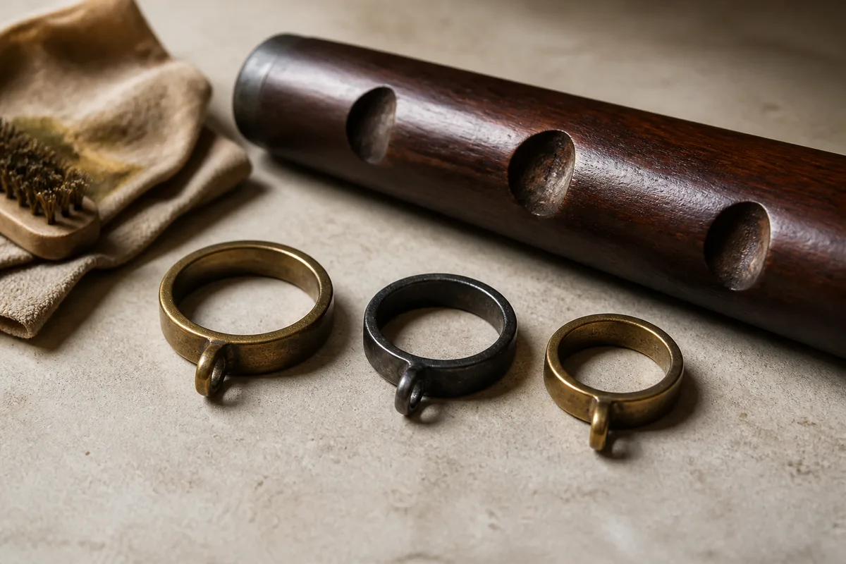 Trois bagues de garniture anciennes, deux en laiton et une en fer, posées près du fût d&rsquo;un fusil réglementaire