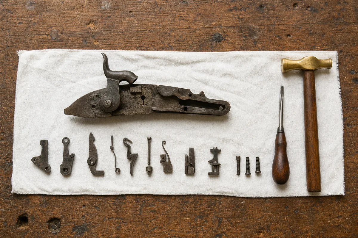Établi d&rsquo;atelier avec une platine de fusil ancienne démontée, ressorts et vis alignés sur un chiffon de coton, mains gantées