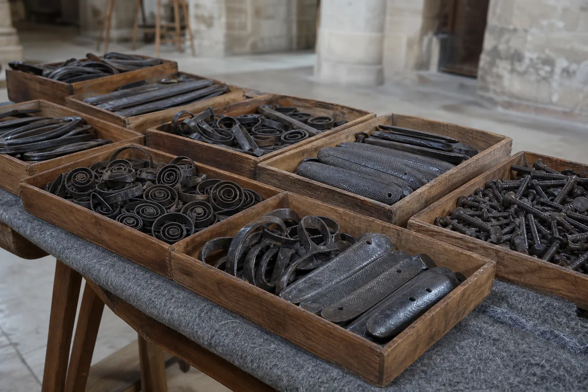 Bacs de pièces d&rsquo;armurerie anciennes sur une table de bourse aux armes, ressorts, vis et plaques de couche triés par modèle