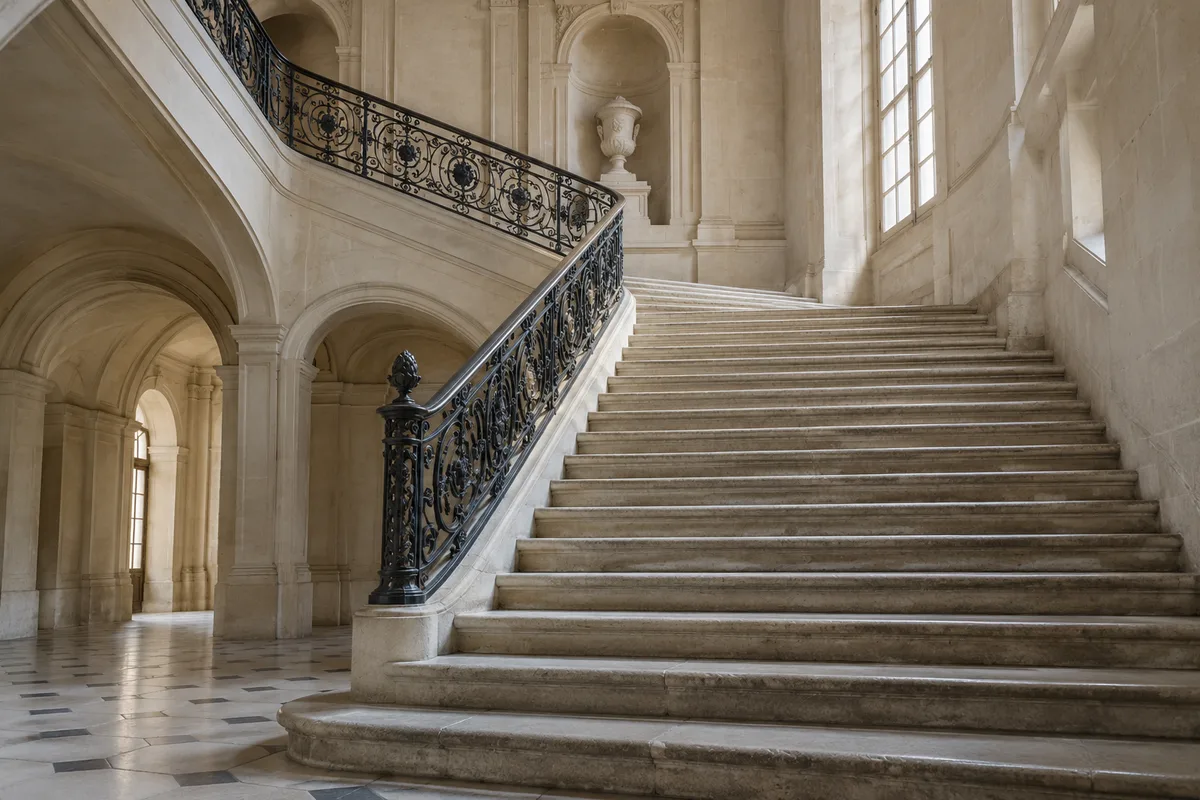 Escalier en pierre d&rsquo;un musée ancien avec une rampe en fer forgé, éclairé par une lumière douce